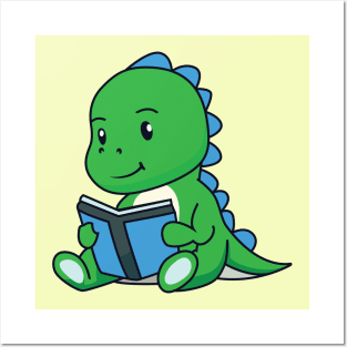 Cute Green Dinosaur Reading book - Dinosaur Lover Posters and Art